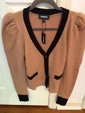 Express Tan Cardigan with Black Trim and Puff Shoulders